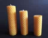 West Country Honey beeswax candles in three sizes with natural honeycomb texture